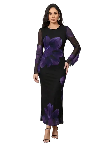 فستان مبطن طويل للعيد موف (2) فستان مبطن طويل للعيد كود 456