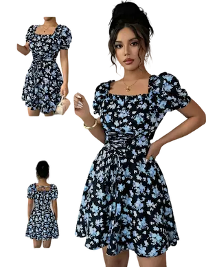 فستان مشجر قصير للعيد ازرق فستان مشجر قصير للعيد كود 489