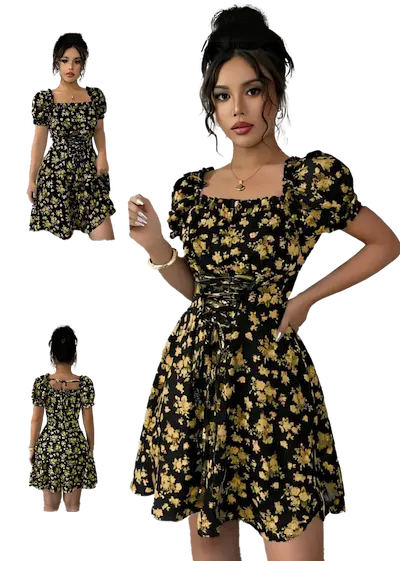 فستان مشجر قصير للعيد اصفر فستان مشجر قصير للعيد كود 489